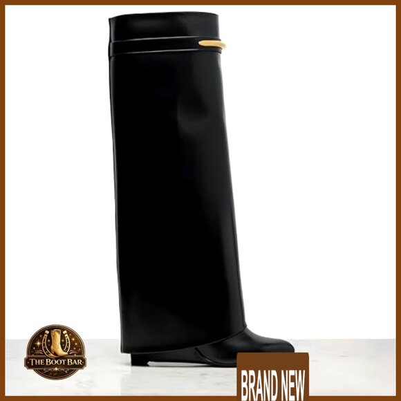 Knee High Wedge Boots Fold Over Shaft Wide Calf Pull On Leather Fashion - Picture 4 of 7